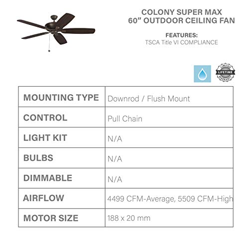 Monte Carlo 5Csm60Rb Colony Super Max Dual Mount 60'' Outdoor Ceiling Fan With Pull Chain, 5 Blades, Roman Bronze #TOP2