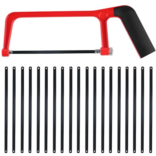 Professional Mini Hacksaw, Adjustable-Angle Metal-Cutting Junior Hacksaw with 20 Replaceable Blades, Heavy-Duty Mini Hacksaw for Cutting Plastic PVC Pipes, Tiles and Wood (Red)