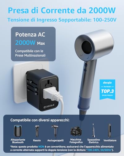 Decqle Adattatore Universale Da Viaggio, Presa Universale Da Viaggio Con 2 Usb-C(Gan 45W) E 1 USB-A E 1 Ac, Adattatore Da Viaggio Italia Inghilterra Germania America Australia E 224+ Paese(Nero) - 2