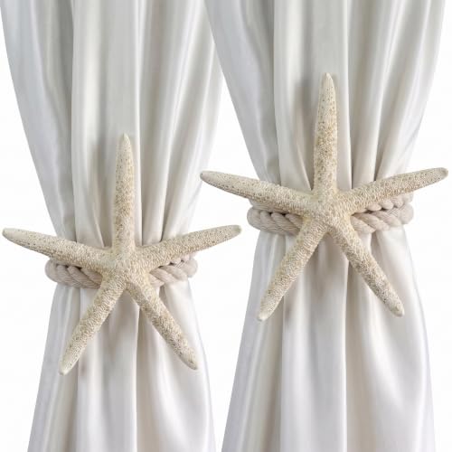 Natural Starfish 2‑Pack Rope Curtain Tiebacks, Handmade Five‑Fingered Starfish Decor for Outdoor Patio, Living Room, Bedroom, Hotel & Office, Coastal Beach Ocean Style Home Decoration