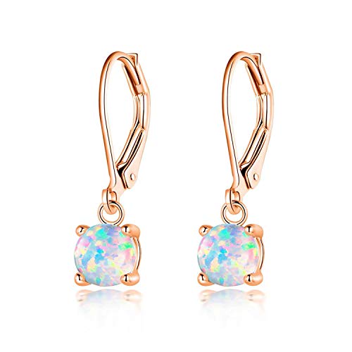 CiNily Rose Gold Plated Opal drop Earrings, Round-Cut White Fire Opal Women Jewelry leverback Gemstone Drop Earrings