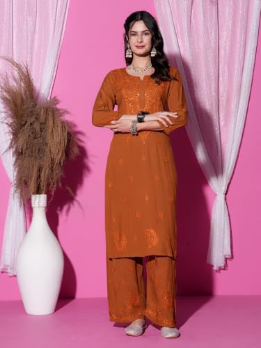 Image of Fashion Chikan Art Women's Lucknowi Premium Chanderi Silk Hand-Embroidered Chikankari Kurti & Palazzo Set | Elegant Festive & Casual Wear Ethnic Suit
