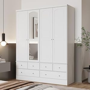 MOUMON 4 Door Wardrobe Closet with Mirror 6 Drawers Wardrobe Armoire Closet with 2 Hanging Rods Armoire Wardrobe with 4 Tier Shelves Closet for Bedroom White 63W x 197D x 787H