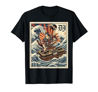 Vintage Japanese Wave Samurai DJ Retro Turntable Vinyl Art T-Shirt