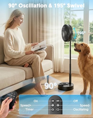 Portable Standing Oscillating Rechargeable Fan - 8" 8000mah Battery Operated USB Fans for Bedroom Quiet Remote Folding Pedestal Floor Ventilador Foldable Table Desk Room Office Camping Cruise Travel