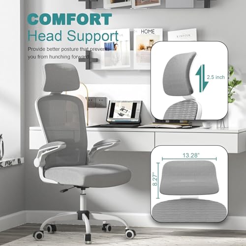 Mimoglad Office Chair, Comfy Desk Chair - High Back Ergonomic Computer Chair with Adjustable Lumbar Support & Headrest, Flip-up Armrests for Guitar Playing, Swivel Task Chair (Moon image 7