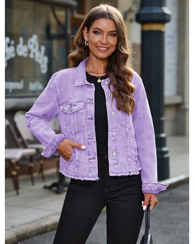 Image of luvamia Denim Jacket for Women Distressed Jean Jackets Button Up Vintage Western Trucker Jacket Frayed Hem Pockets