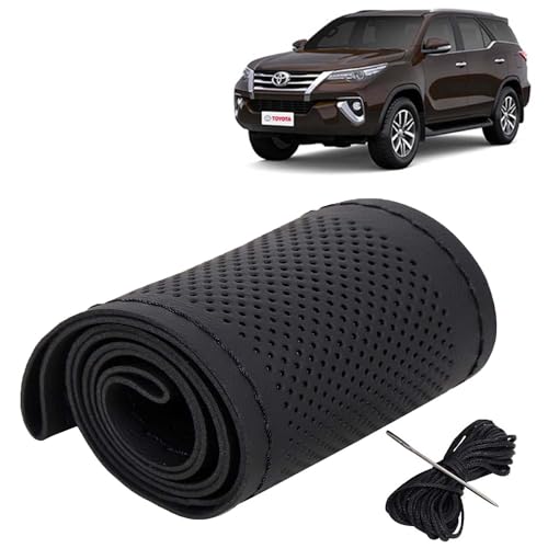 Image of KINGSWAY PU Leatherite Car Steering Cover Sewable Compatible with Toyota Fortuner (Year 2017-2020), Black Color with Black Thread, Pack of 1 with Sewing Needle and Thread