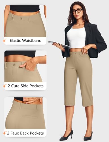 Image of ISEEGZ 14'' /18 inch Capri Pants for Women Dressy Stretch Pull On Womens Capris with Pockets Petite Summer Office Work Casual
