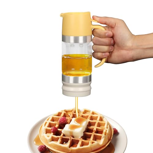 BlyeMichdi 315ML/11oz glass honey pot drizzler, No Drip Honey Maple Syrup Dispenser with Handle,Honey container for Home Kitchen Storage,Honey, Syrup, Jam, Spices (Yellow)