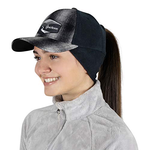 TrailHeads Women's Winter Ponytail Hat | Trucker Hat with Drop Down Ear Warmers (Grey Plaid w/Logo)
