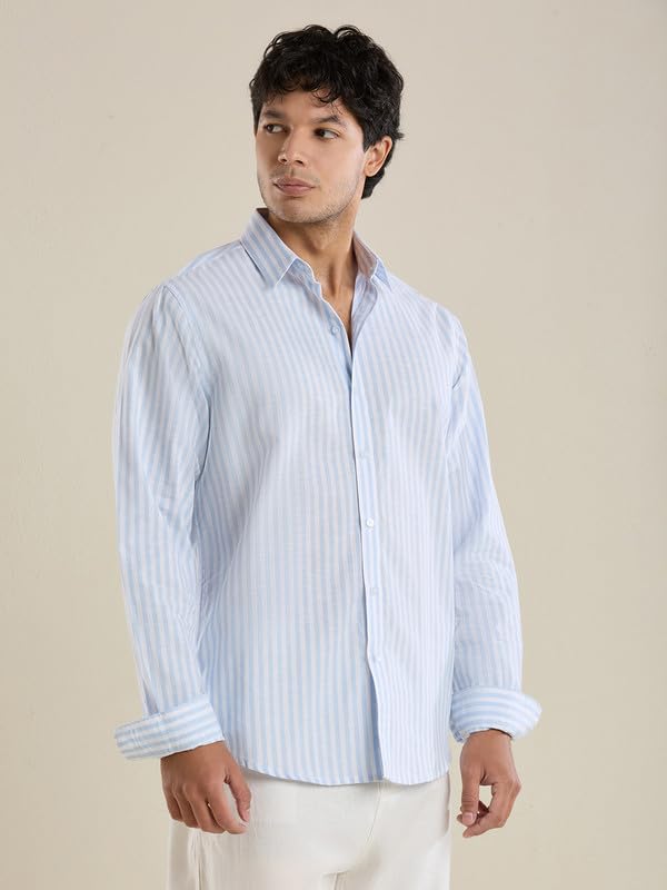 Image of Mark & Albert Mens Striped Linen Casual Shirt | Full Sleeves Mens Shirts | Stylish Shirt for Men