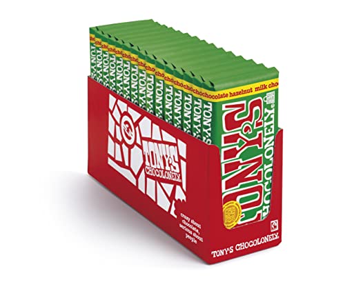 Tony's Chocolonely Milk Chocolate Hazelnut Bars - Whole Hazelnut Chocolate Bars, Milk Chocolate Bars, Made w/ Belgium Chocolate, No Artificial Flavoring, Fairtrade & B Corp Certified - 6.35 oz, 15 Bars