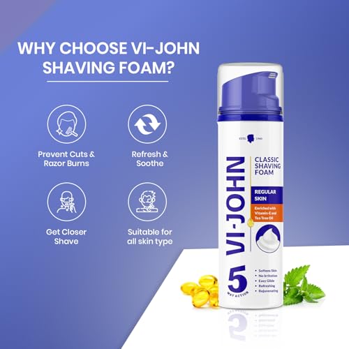 Image of VI - JOHN Shaving Foam For Men,Classic Regular Shaving Foam With Goodness Of Nature,Tea Tree Oil,Vitamin E Enriched And Anti- Bacterial Formula(200Gm- Pack Of 1)