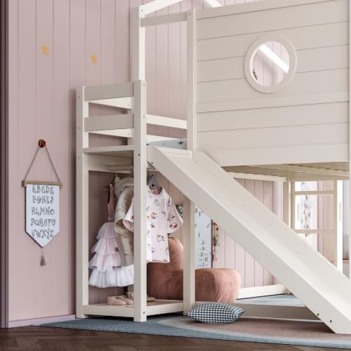 Image of Bellemave Bunk beds Full Over Full with Slide,Bookshelf and Wardrobe House roof Design, Low bunk /loft Bed for Kids,Beige