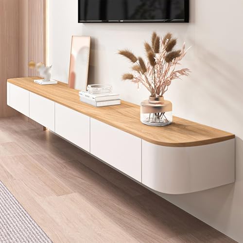 Meuble TV flottant moderne couleur bois naturel de 140 cm avec portes et tiroirs