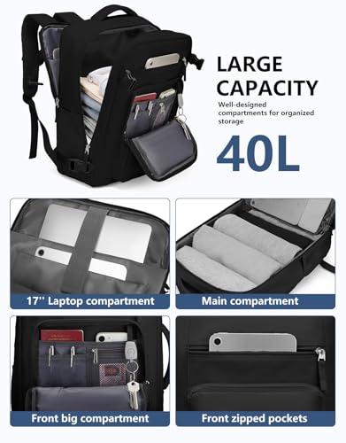Travel Backpack for Women Men, Flight Approved Carry On Backpack with Shoe Pouch, TSA Personal Item Travel Bag Large Luggage Backpack Fits 17 Inch Laptop for Weekender Overnight, Black2