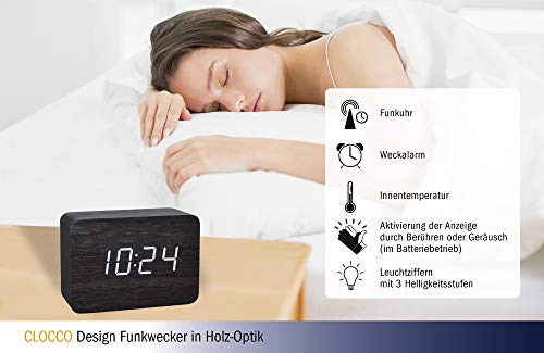 TFA Dostmann Clocco zendergestuurde wekkker, 60.2549.01, in houtlook, met grote LED cijfers, Wekalarm, met binnentemperatuur en datum, zwart, wit/zwart, (l) 100 x (b) 41 x (h) 70mm - Image 6