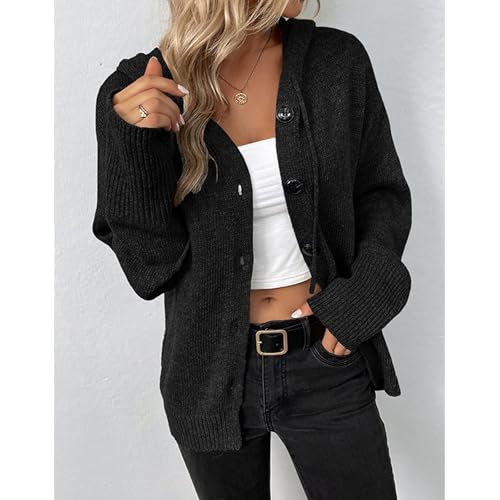 Image of Blostirno Women's Casual Hooded Cardigan Sweaters V Neck Button Down Long Sleeve Kint Cardigans Coat