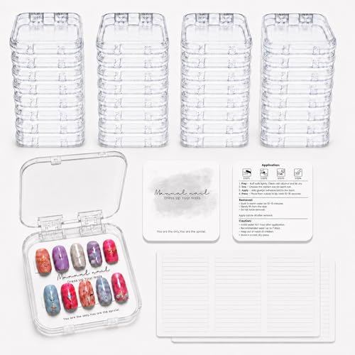ITQUTC 32 Pack Press on Nails Boxes with 40 Display Cards and 90 Adhesive Strips - 3x3 Inches Clear Acrylic Fake Nail Storage Case for Small Business Nail Art Packaging and Jewelry Organizer
