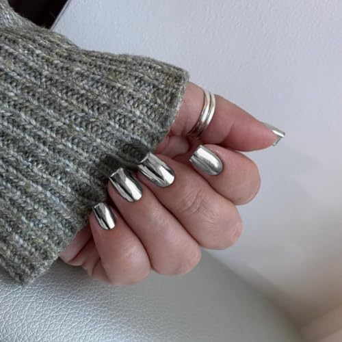 SXVME Chrome Short Square Press-on Nails - Metallic Silver White with Glitter Shine - Mirror Acrylic for Daily & Party Wear