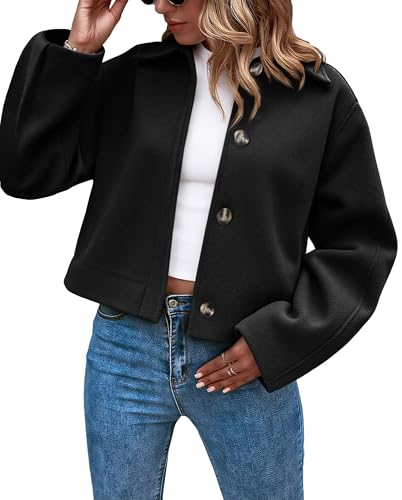 Image of Cicy Bell Womens Cropped Pea Coat Casual Wool Blend Button Down Short Jackets Fall Winter Outerwear