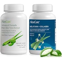 AloeCure Organic Aloe Vera Capsules 2 Pack - Aloe Capsules 1btl x 30caps, Melatonin 1btl