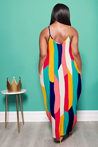Image of BFFBABY Womens Summer Suspender Maxi Dress Plus Size Striped Printed Sleeveless with Pockets and Belt