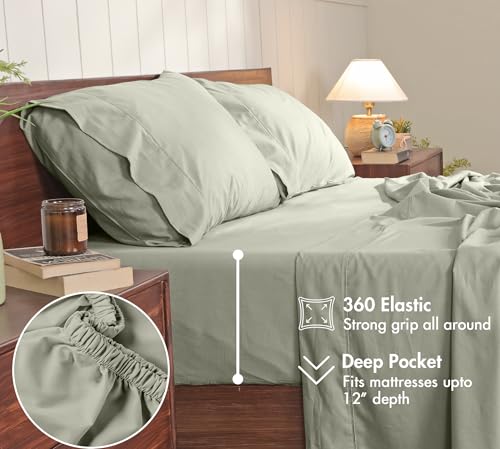 Image of RUVANTI 100% Cotton Percale Sheets California King - Crisp Cooling Summer Bed Sheets for Hot Sleepers, Deep Pocket 12 inch, Soft Peach Finish, Breathable & Durable Hotel-Style 4 Piece Set, Sage Green