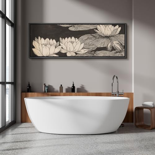 Image of MUDECOR Large Framed Canvas Print Wall Art Vintage Lotus Flower Line Art Botanical Black and Beige Antique Retro Ready to Hang Painting for Living Room Bedroom Multi-Sizes - 60 inchx20 inch