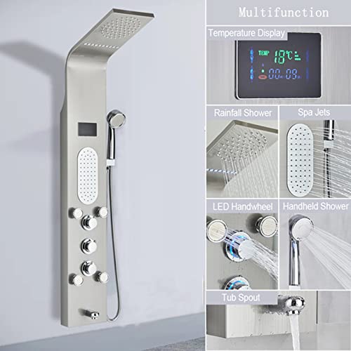 Tangan Led Shower Panel Tower System Wall Mount, Multifunction Stainless Steel Rain Massage Full Body Shower System With 3 Led Handle, Brushed Nickel #TOP3