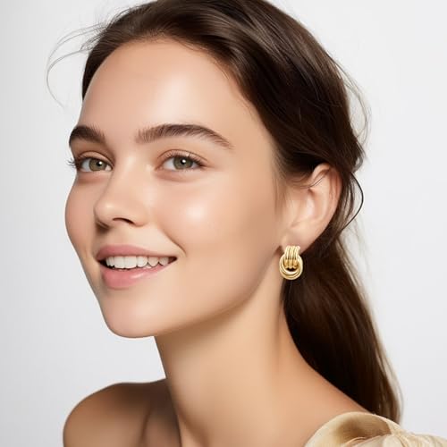Chunky Gold Earrings for Women - Double Knots 14K Real Gold Plated Hypoallergenic Nickel Free Jewelry Dangle, Dainty Statement Knot Drop Earrings for Womens Trendy3
