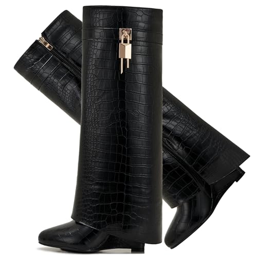Image of Fold Over Boots for Women Pointy Pull-on Wedge Heel Knee Shark Boot With Side Zipper Padlock Design