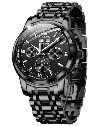 OLEVS Herren-Automatikuhr, mechanisch, selbstaufziehend, keine Batterie, Edelstahlband, luxuriös, Mondphasenkleid, Armbanduhren für Herren, wasserdicht, leuchtend, Schwarzes Armband und schwarzes