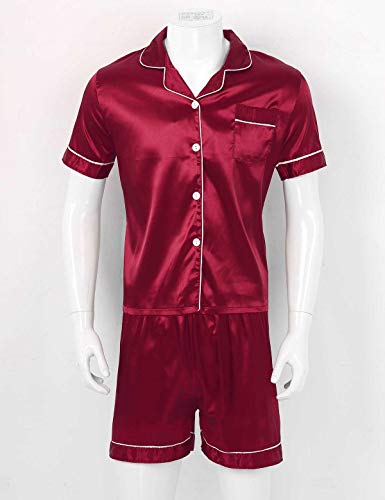 iiniim Men's Short Sleeve Satin Pajama Set with Shorts Classic Sleepwear Loungewear Burgundy X-Large2