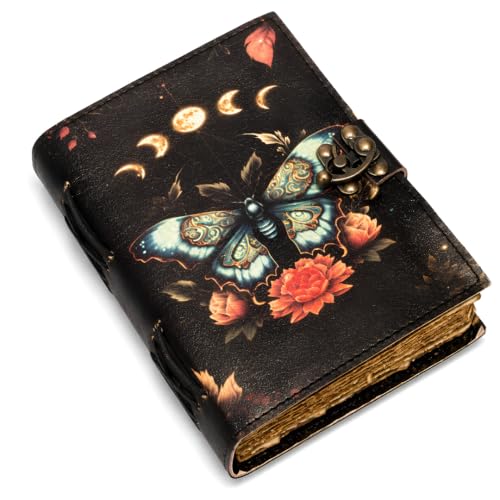The Gifts Connect Vintage Luna Moth Leather Grimoire Journal with Clasp Lock | Handmade Spell Book & Book of Shadows | Antique Witchcraft Journal 240 Deckle Edge Paper 5x7 inch
