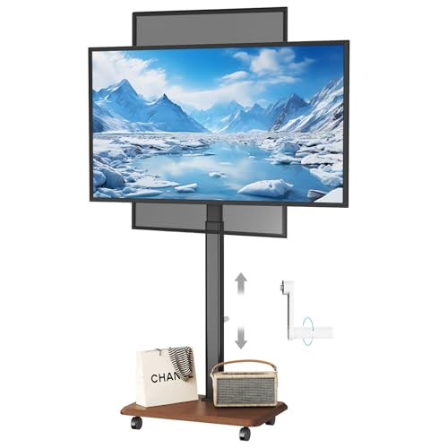 Hovadova Mobile TV Cart with Hand Crank Lift, Rolling TV Stand for 26-75 Inch TVs, Landscape to Portrait Rotating, Free Height Adjustable, 88Lbs Capacity, Max VESA 600x400mm