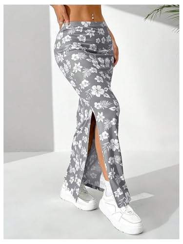 OYOANGLE Women's Floral Print Split Side Skirt Elastic Waist Beach Casual Long Skirts3