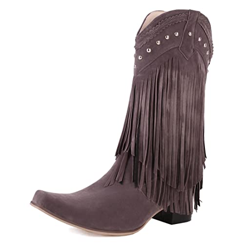 Image of KiutSymo Mid Calf Fringe Boots For Women Cowboy Pointed Toe Chunky Heels Cowgirl Western Tassel Boots