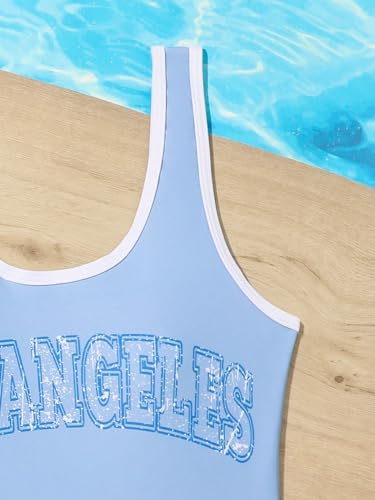 Image of WDIRARA Girl's One-Piece Letter Print Swimsuit Scoop Neck Swimwear Contrast Binding Bathing Suit