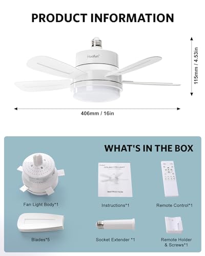 15.7\" Socket Fan with Light and Remote, 3000K-6500K, 1700LM, Wireless Screw in Light Socket Fan for Bedroom, Kitchen, Living Room, Garage, E26 Base - Thumbnail 6