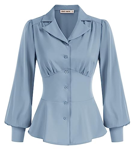 Grace Karin Long Sleeve Peplum Blouse, Red Dressy Button Down