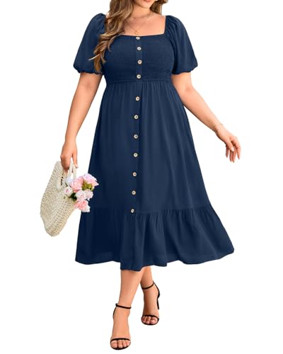 Plus Size Summer Dresses - Boho Casual Wedding Guest Midi Flowy Short Sleeves Smocked Button Down Dress for Curvy Women2