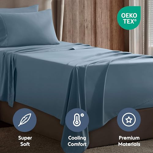 Image of Nestl Twin Bed Sheet Set - Stone Blue - 3-Piece Deep Pocket | Instantly Soft, Night-One Ready (No Wash Required). Fits 16-Inch Deep Pockets, 360-Degree Elastic Grip