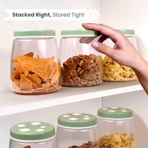 Image of FLAIR Cubics Airtight Food Storage Containers Set of 3 (1500ml each) with Spoons - Green, BPA-Free, PET Plastic Jars, Durable, Space-Saving for Pantry, Snacks, Spices, Grains & More