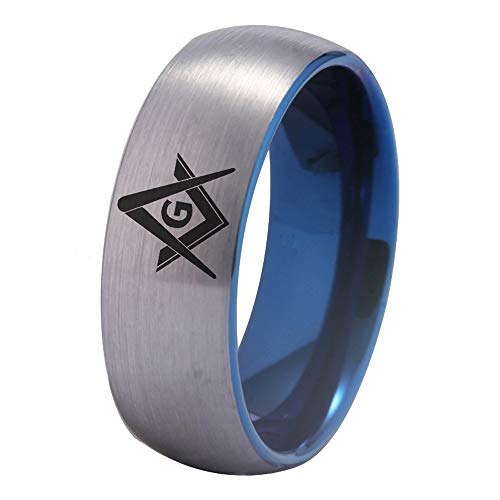 Cloud Dancer 6mm/8mm Silver Dome Brushed Finished and Blue Inside Tungsten Carbide Masonic Compass Square Freemason Symbol Design Rings-Free Customize Engraving (8mm Width, 13.5)
