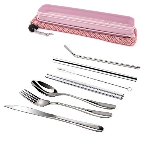 TIMGOU Portable 7 Pieces Flatware Set, Reusable 304 Stainless Steel Fork, Knife, Spoon