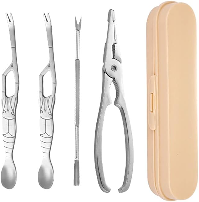 Seafood Tools 4 Packs Stainless Steel Seafood Tool Set Includes 1 Seafood Crackers, 1 Lobster Shellers, 2 Crab Leg Forks/Picks and Storage Box Crab Leg Cracker Tools