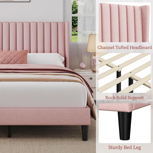 Image of Yaheetech Queen Bed Frame with Headboard,Pink Channel-Tufted Platform