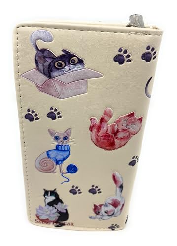 Shag Wear Playful Cats Large Wallet for Women and Teen Girls Vegan Faux Leather Beige 7"2